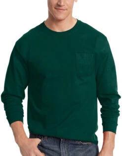 Hanes Men TAGLESS Long-Sleeve T-Shirt With Pocket 5596 -Underline Fashion Store Hanes 5596 Deep Forest T