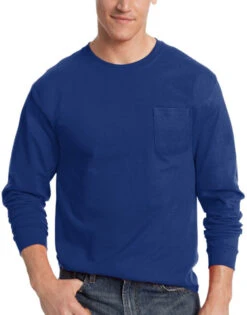 Hanes Men TAGLESS Long-Sleeve T-Shirt With Pocket 5596 -Underline Fashion Store Hanes 5596 Deep Royal T