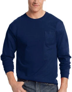 Hanes Men TAGLESS Long-Sleeve T-Shirt With Pocket 5596 -Underline Fashion Store Hanes 5596 Navy T